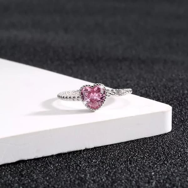 925 Sterling Silver Pink Crystal Heart Adjustable Ring Women Jewellery Gift