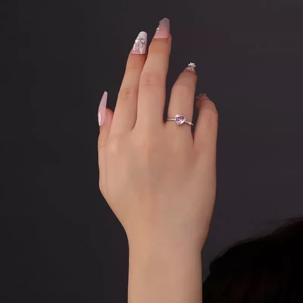 925 Sterling Silver Pink Crystal Heart Adjustable Ring Women Jewellery Gift