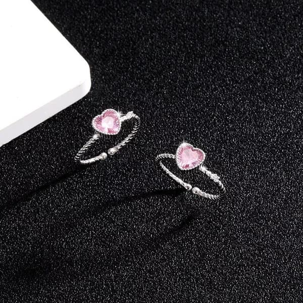 925 Sterling Silver Pink Crystal Heart Adjustable Ring Women Jewellery Gift