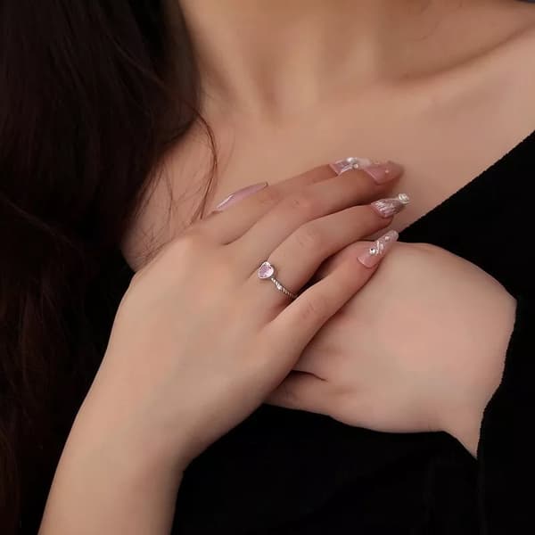 925 Sterling Silver Pink Crystal Heart Adjustable Ring Women Jewellery Gift