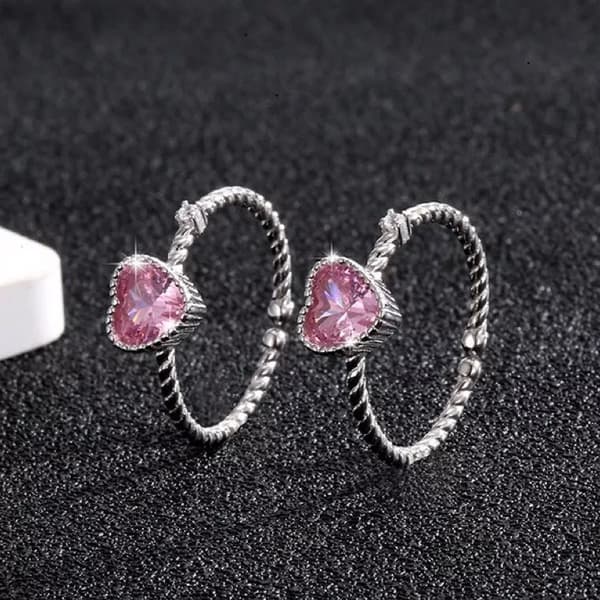 925 Sterling Silver Pink Crystal Heart Adjustable Ring Women Jewellery Gift