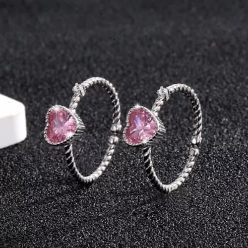 925 Sterling Silver Pink Crystal Heart Adjustable Ring Women Jewellery Gift