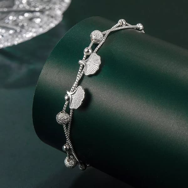 925 Sterling Silver Leaf Bead Linked Charm Bracelet Women Girls Jewellery Gift