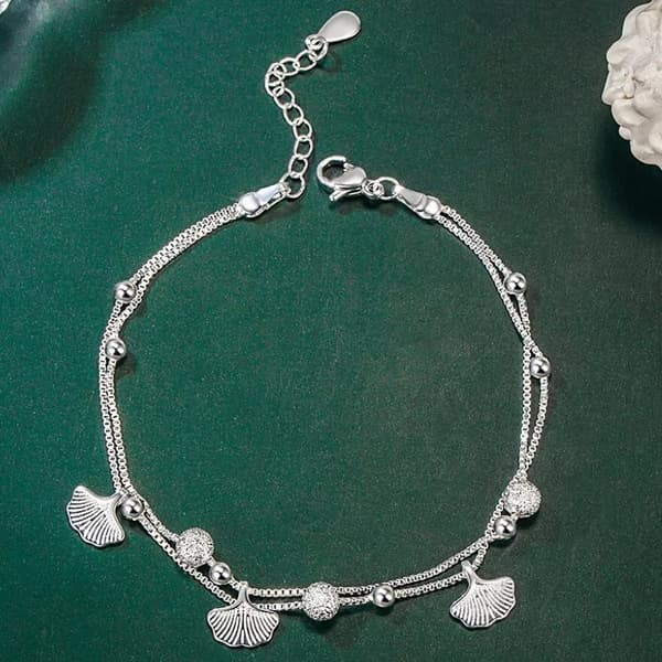 925 Sterling Silver Leaf Bead Linked Charm Bracelet Women Girls Jewellery Gift