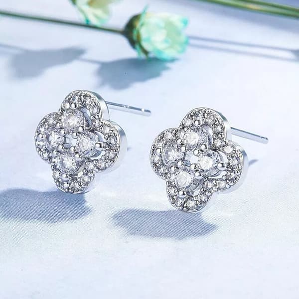 925 Sterling Silver Crystal Clover Stud Earrings Womens Girls Jewellery Gift