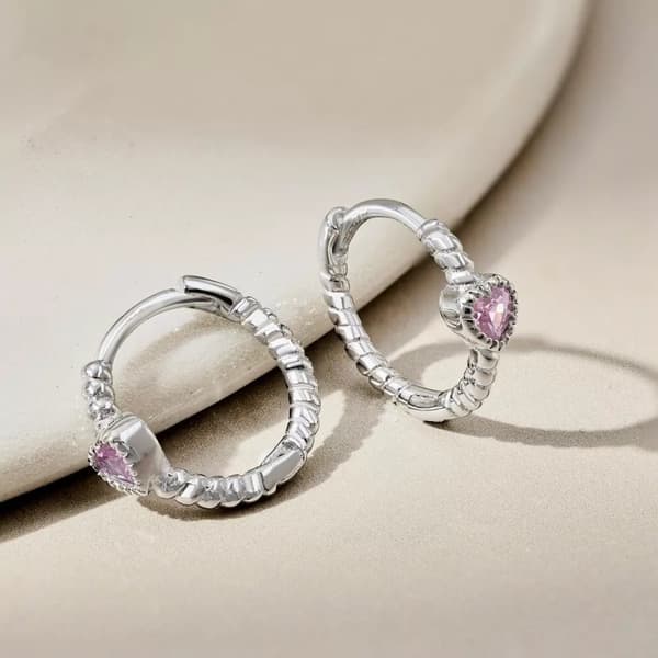 925 Sterling Silver Crystal Pink Heart Hoop Earrings Women Jewellery Gift UK