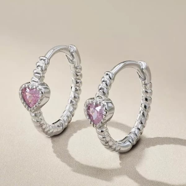 925 Sterling Silver Crystal Pink Heart Hoop Earrings Women Jewellery Gift UK