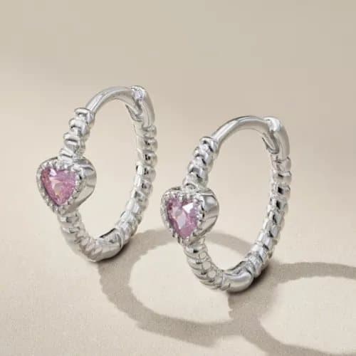 925 Sterling Silver Crystal Pink Heart Hoop Earrings Women Jewellery Gift UK