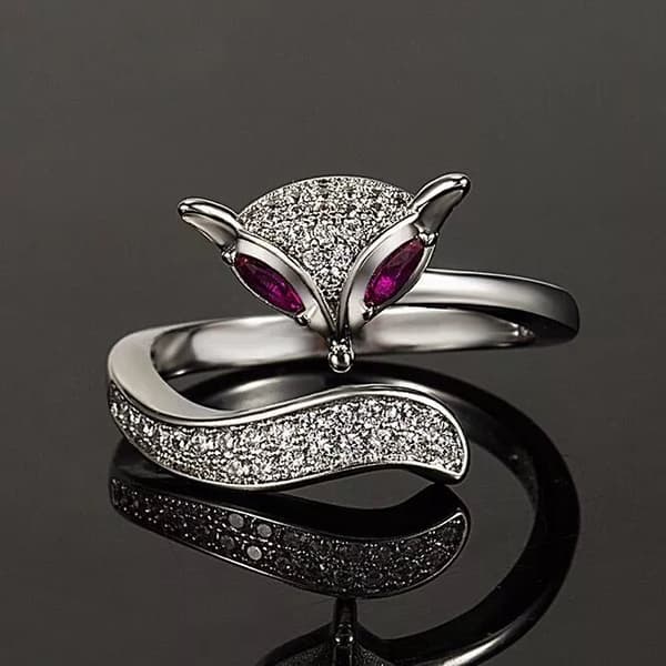 Elegant Crystal Fox Shaped Adjustable Ring 925 Sterling Silver Women Jewellery