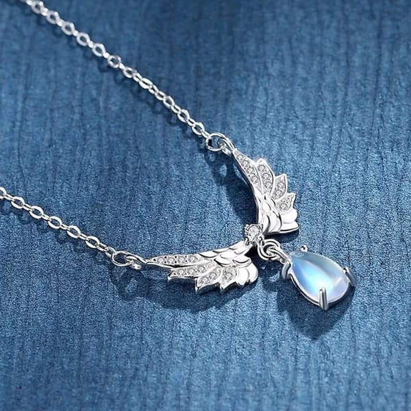 925 Sterling Silver Crystal Angel Wing Moonstone Pendant Necklace Jewellery Gift