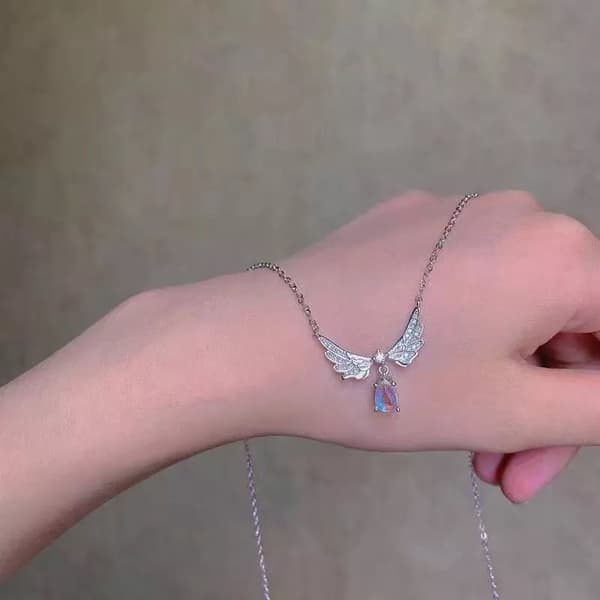 925 Sterling Silver Crystal Angel Wing Moonstone Pendant Necklace Jewellery Gift