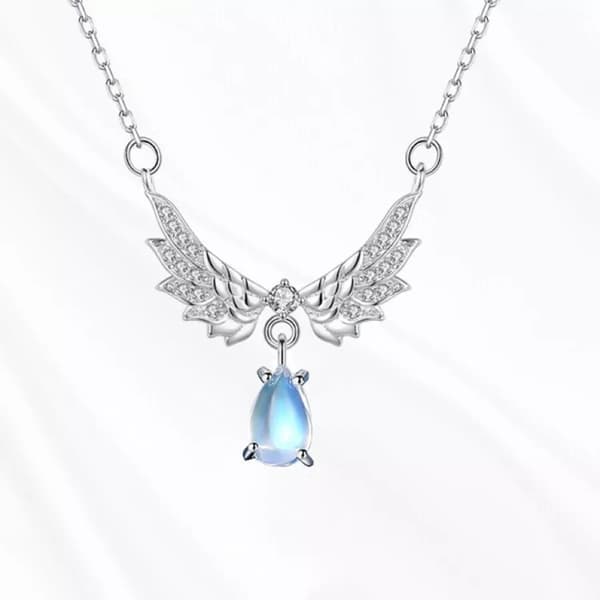 925 Sterling Silver Crystal Angel Wing Moonstone Pendant Necklace Jewellery Gift