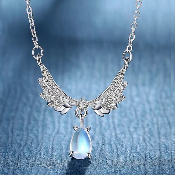 925 Sterling Silver Crystal Angel Wing Moonstone Pendant Necklace Jewellery Gift