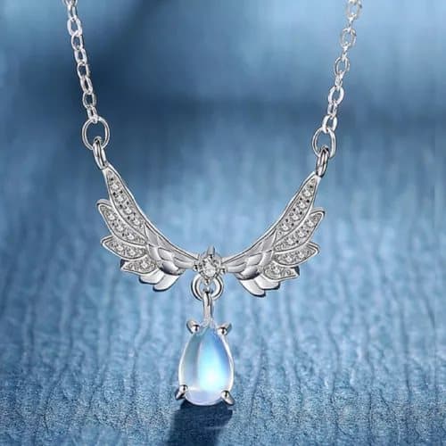 925 Sterling Silver Crystal Angel Wing Moonstone Pendant Necklace Jewellery Gift