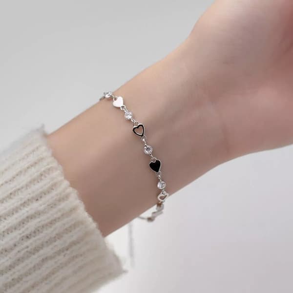 925 Sterling Silver Crystal Hollow Heart Linked Charm Bracelet Women Jewellery
