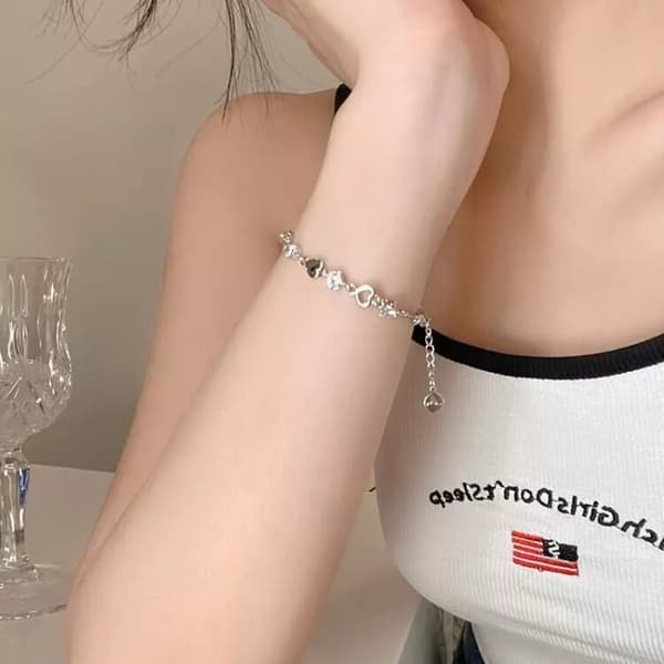 925 Sterling Silver Crystal Hollow Heart Linked Charm Bracelet Women Jewellery
