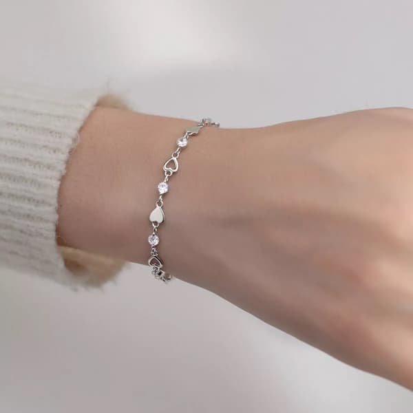 925 Sterling Silver Crystal Hollow Heart Linked Charm Bracelet Women Jewellery