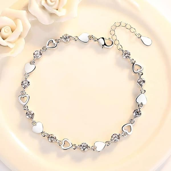 925 Sterling Silver Crystal Hollow Heart Linked Charm Bracelet Women Jewellery