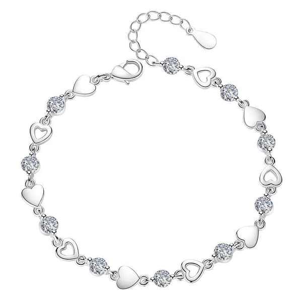 925 Sterling Silver Crystal Hollow Heart Linked Charm Bracelet Women Jewellery