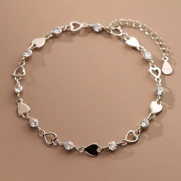 925 Sterling Silver Crystal Hollow Heart Linked Charm Bracelet Women Jewellery
