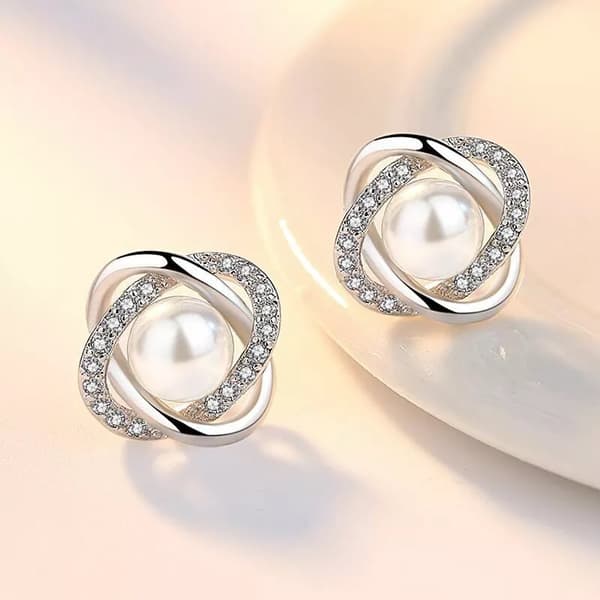 Crystal Pearl Twist Stud Earrings 925 Sterling Silver Jewellery Women Gift UK