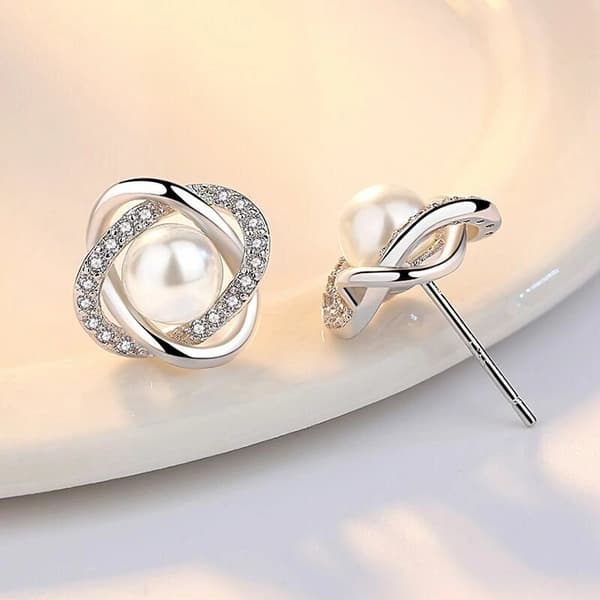 Crystal Pearl Twist Stud Earrings 925 Sterling Silver Jewellery Women Gift UK