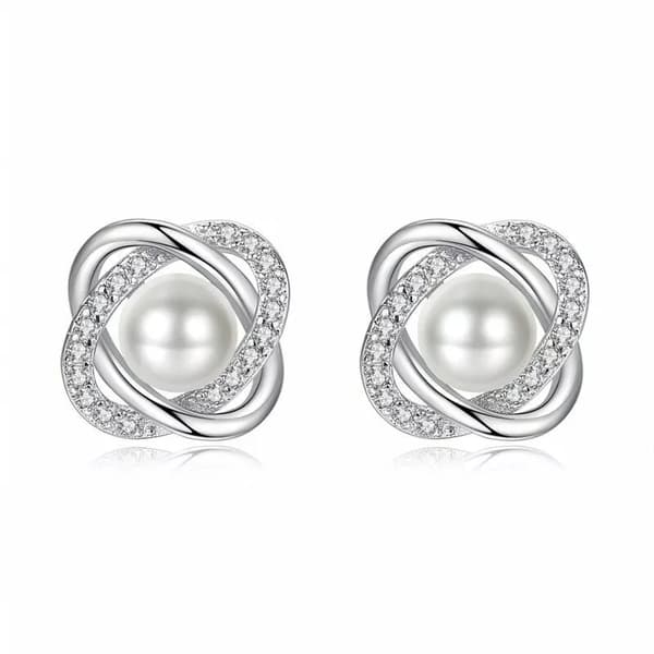 Crystal Pearl Twist Stud Earrings 925 Sterling Silver Jewellery Women Gift UK