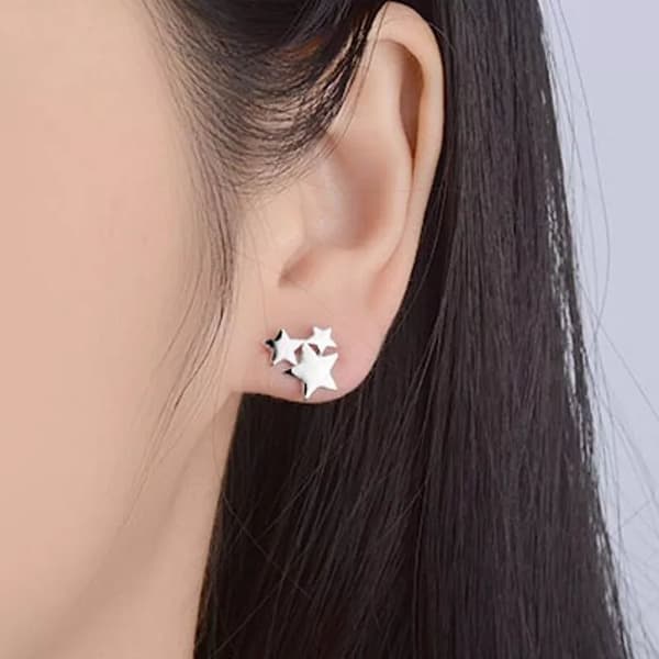 925 Sterling Silver Triple Star Linked Stud Earrings Women Girls Jewellery Gift