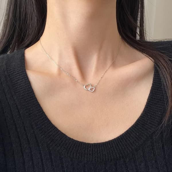 925 Sterling Silver Crystal Heart Linked Pendant Necklace Women Girls Jewellery