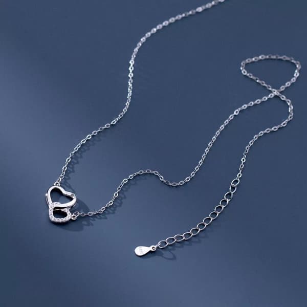 925 Sterling Silver Crystal Heart Linked Pendant Necklace Women Girls Jewellery