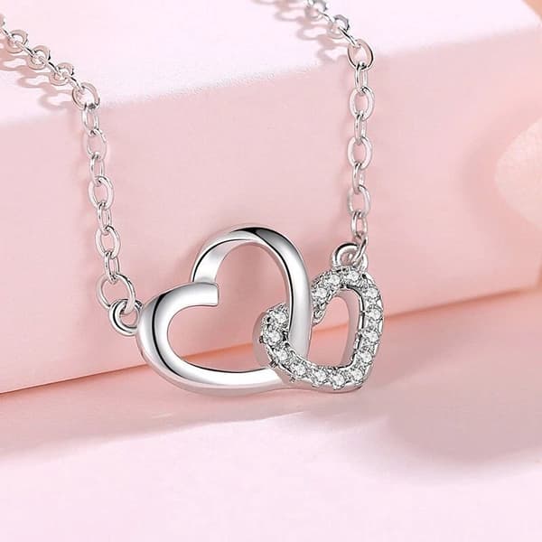 925 Sterling Silver Crystal Heart Linked Pendant Necklace Women Girls Jewellery