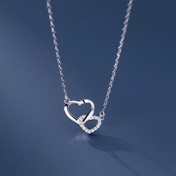 925 Sterling Silver Crystal Heart Linked Pendant Necklace Women Girls Jewellery