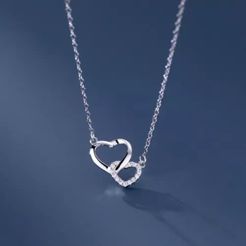 925 Sterling Silver Crystal Heart Linked Pendant Necklace Women Girls Jewellery