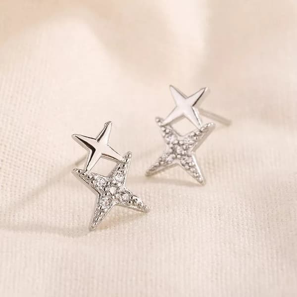 925 Sterling Silver Crystal Star Linked Stud Earrings Jewellery Women Girls Gift