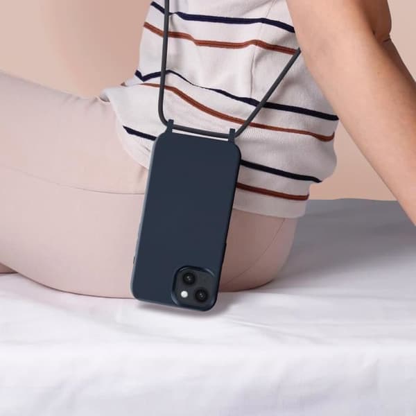 iPhone 14 Plus Halvstyvt sladdfodral med halsrem 80cm blå
