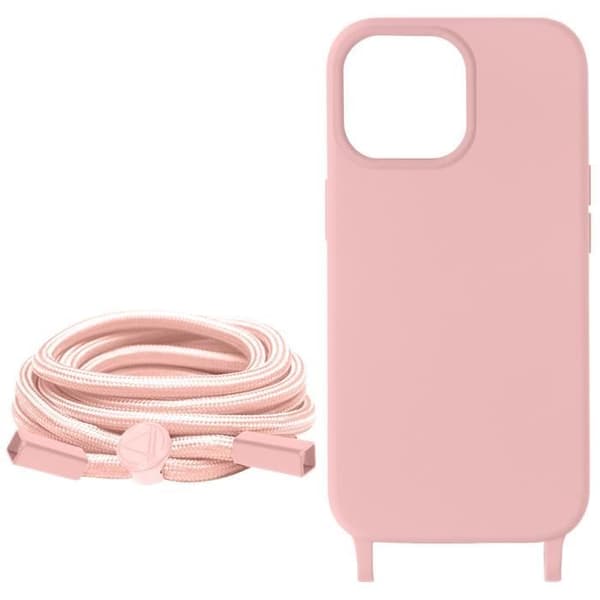 Mobilskal med snöre för smartphone - AVIZAR - iPhone 15 Pro - Puderrosa - Rem 80cm - Semihård