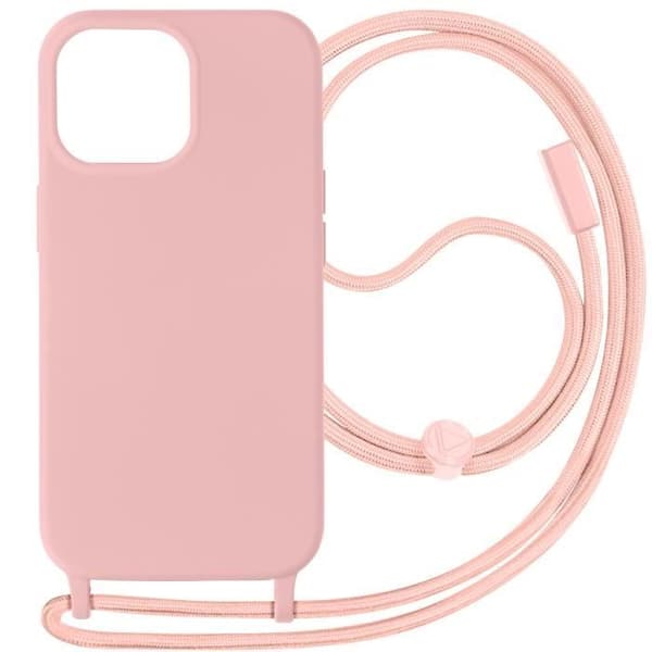 Mobilskal med snöre för smartphone - AVIZAR - iPhone 15 Pro - Puderrosa - Rem 80cm - Semihård