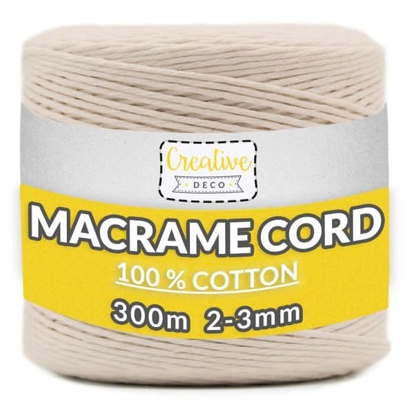 3 mm x 300 m Macramé-rep Beige bomullstråd - (+/-) 0,5 mm tjocklek - 15-lagers garn - Naturlig sladd
