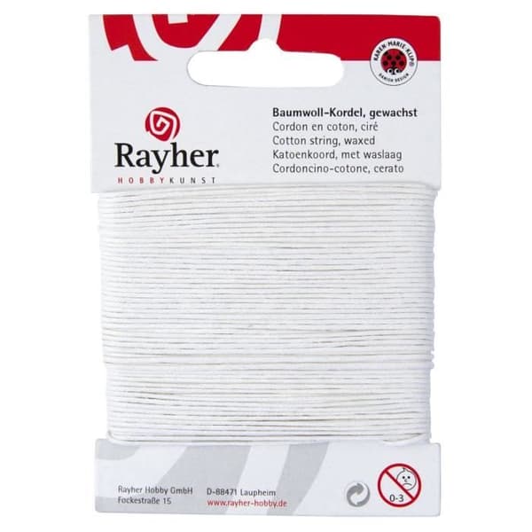 Sladd - RAYHER - Vaxad bomullssnöre - Vit - 1mm - 20 meter