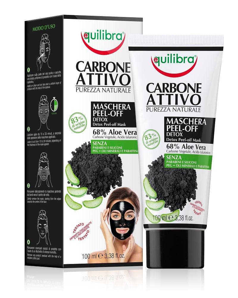 EQUILIBRA Carbo Detox Peel-Off mask 68% Aloe Vera ansiktsmask typ av skal-off av det aktiva kolet 100ml