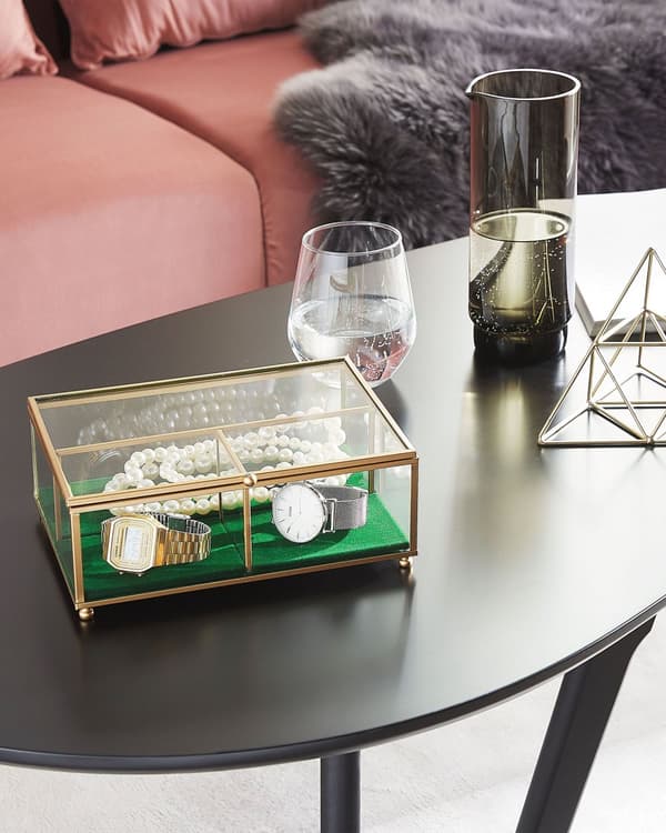 Smykkeskrin Guld Transparent Glas 21 x 17 x 8 cm Moderne Skrin med Glaslåg til Øreringe Halskæder Dame Soveværelse Tilbehør Smykkeopbevaring