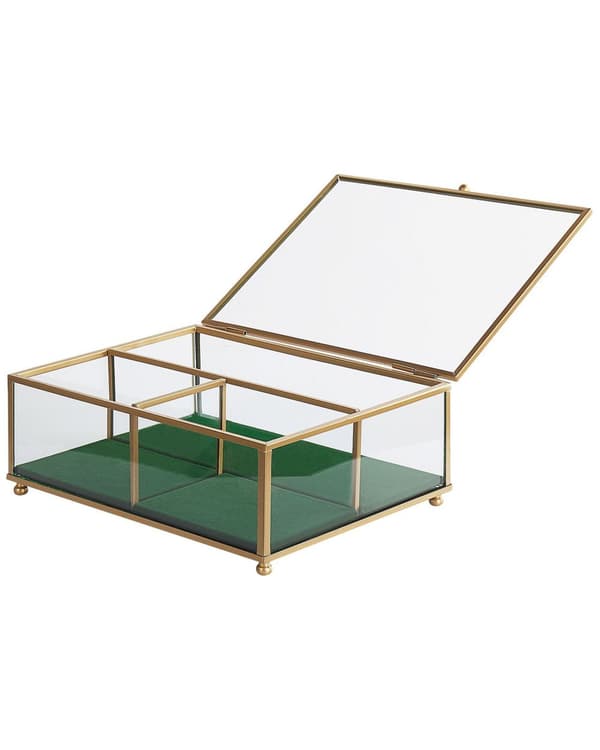 Smykkeskrin Guld Transparent Glas 21 x 17 x 8 cm Moderne Skrin med Glaslåg til Øreringe Halskæder Dame Soveværelse Tilbehør Smykkeopbevaring