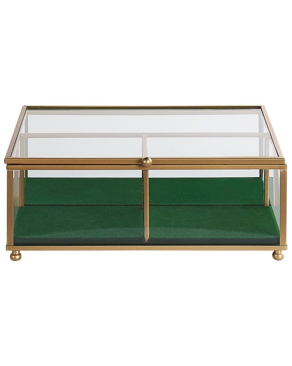 Smykkeskrin Guld Transparent Glas 21 x 17 x 8 cm Moderne Skrin med Glaslåg til Øreringe Halskæder Dame Soveværelse Tilbehør Smykkeopbevaring