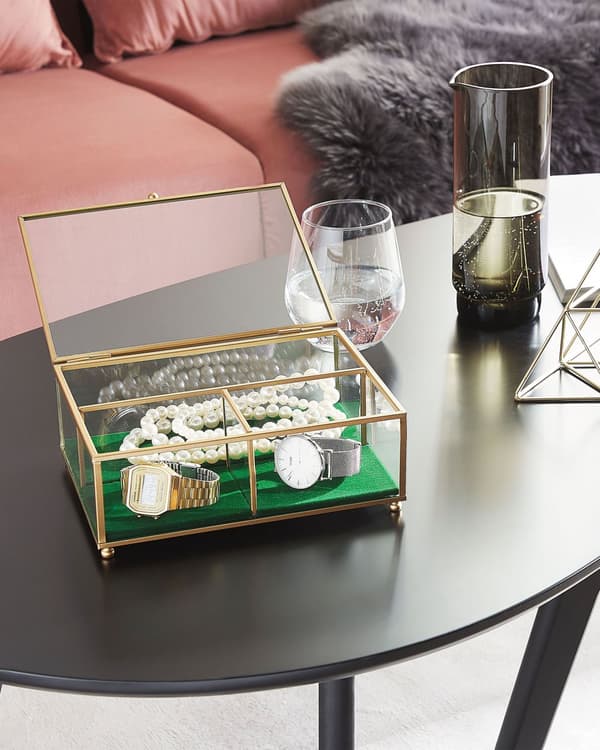 Smykkeskrin Guld Transparent Glas 21 x 17 x 8 cm Moderne Skrin med Glaslåg til Øreringe Halskæder Dame Soveværelse Tilbehør Smykkeopbevaring