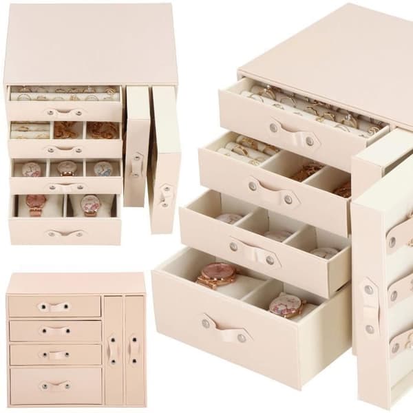 Smyckeskrin - SPRINGOS - Reseförvaring - Rosa konstläder - Kräm sammet - 26 x 22 x 18 cm