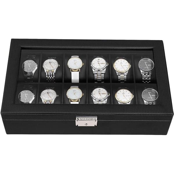 Rootz Watch Box - Klockförvaring - 12 fack - Sammet - PU - Metallspänne - Svart - 36,2 X 9 X 21,3 cm