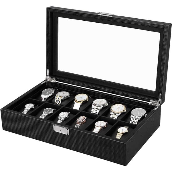 Rootz Watch Box - Klockförvaring - 12 fack - Sammet - PU - Metallspänne - Svart - 36,2 X 9 X 21,3 cm