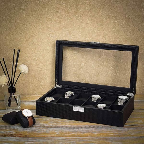 Rootz Watch Box - Klockförvaring - 12 fack - Sammet - PU - Metallspänne - Svart - 36,2 X 9 X 21,3 cm