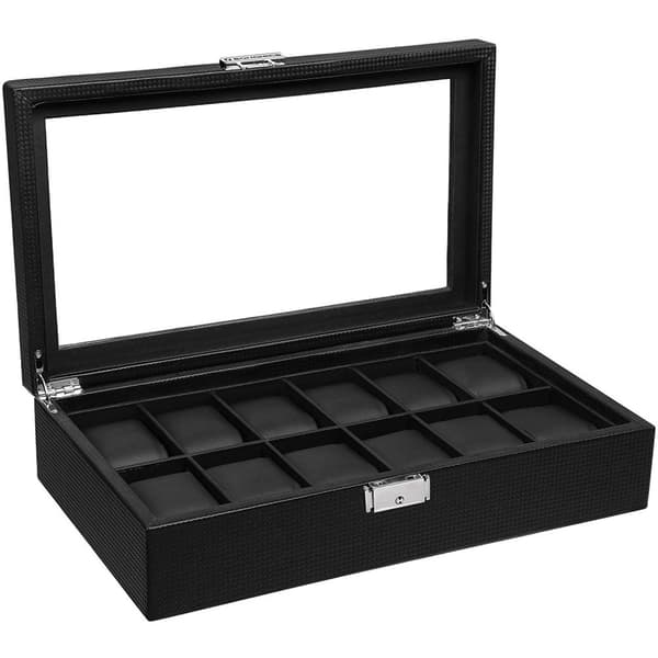 Rootz Watch Box - Klockförvaring - 12 fack - Sammet - PU - Metallspänne - Svart - 36,2 X 9 X 21,3 cm