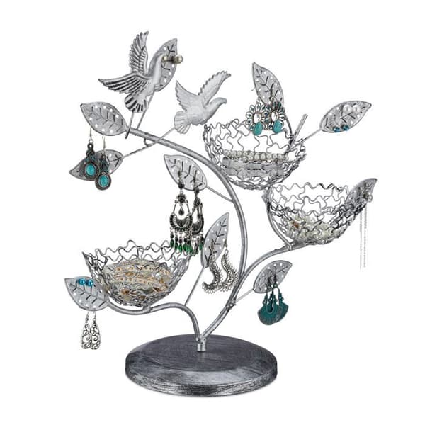 Relaxdays Smyckeställ, 88 hål för örhängen, vintage ringställ, järn, HLP 34 x 39 x 15cm, silver